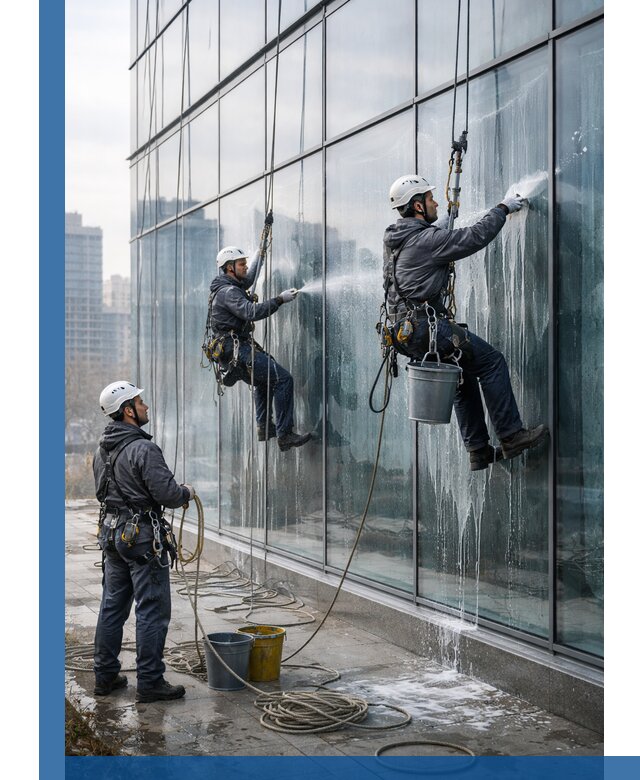 Промышленная мойка панорамных окон на высоте в Рязани