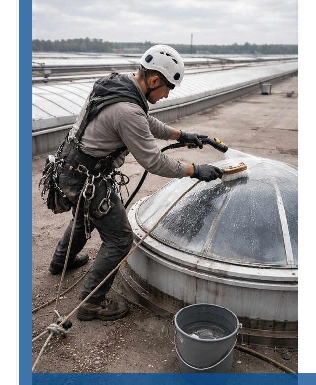 Мойка зенитных фонарей на кровле для промышленных объектов в Рязани