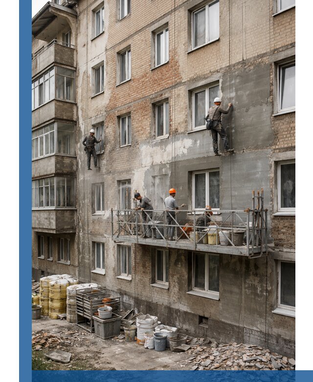 Капитальный ремонт фасада в Рязани с восстановлением и гидроизоляцией