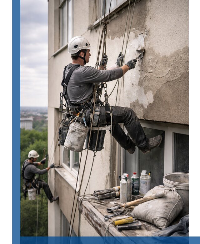 Косметический ремонт фасада зданий в Рязани промышленными альпинистами