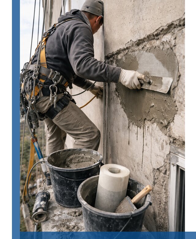 Ремонт бетонных элементов фасада промышленными альпинистами в Рязани