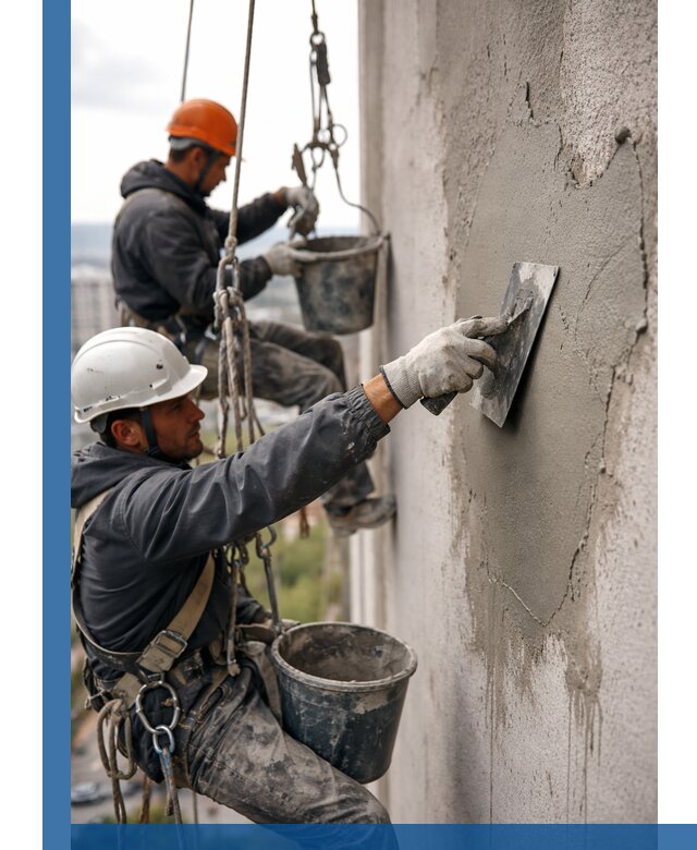 Штукатурка фасада на высоте в Рязани профессиональные работы