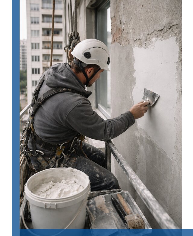 Шпаклевка фасадов на высоте с промальпинистами в Рязани