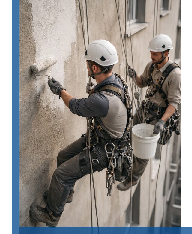 Грунтовка фасада на высоте в Рязани промышленными альпинистами