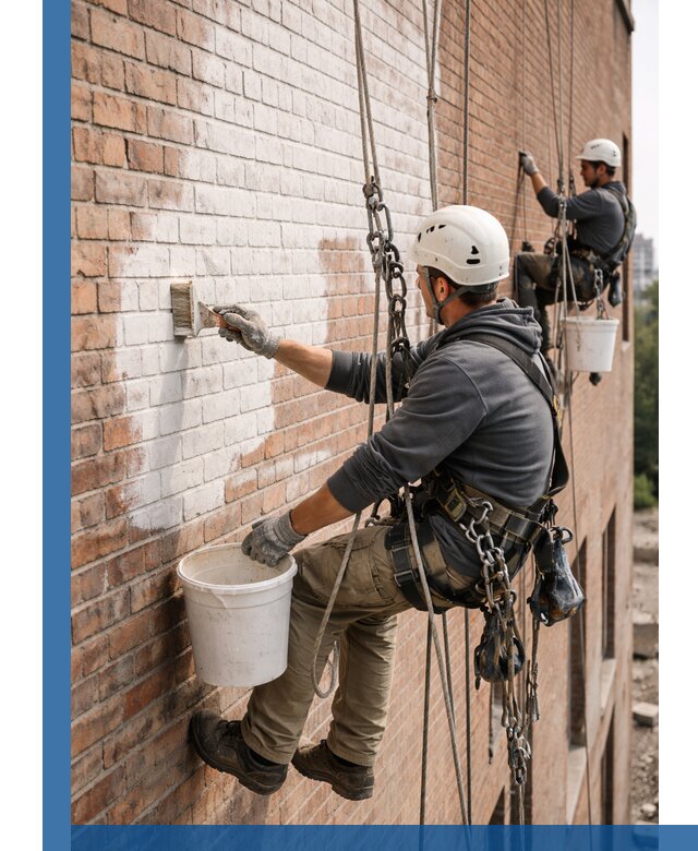 Покраска кирпичного фасада с доступным альпинистским сервисом в Рязани