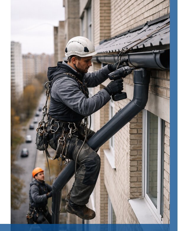 Монтаж водосточной системы на здании в Рязани от 5134 р. | ВЫСОТНИК-Рзн