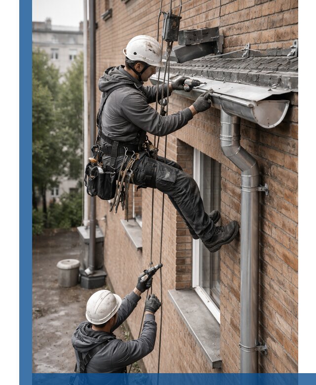 Монтаж водосточной системы на здании в Рязани под ключ