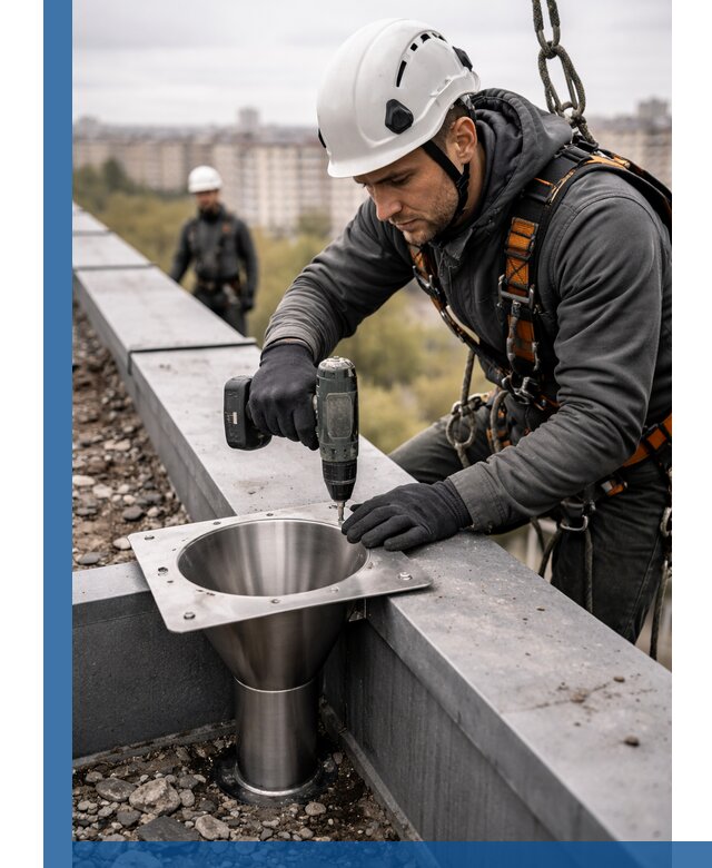 Монтаж водосточных воронок в Рязани для промышленных зданий