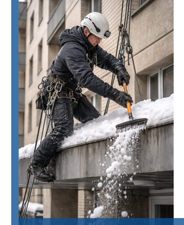 Очистка козырьков от снега в Рязани круглогодично безопасно