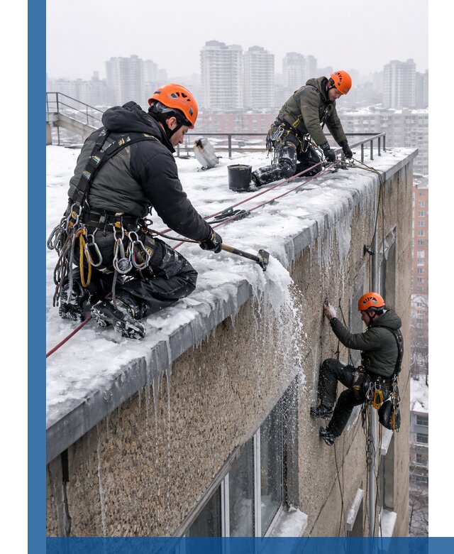 Удаление наледи с кровли в Рязани промышленными альпинистами