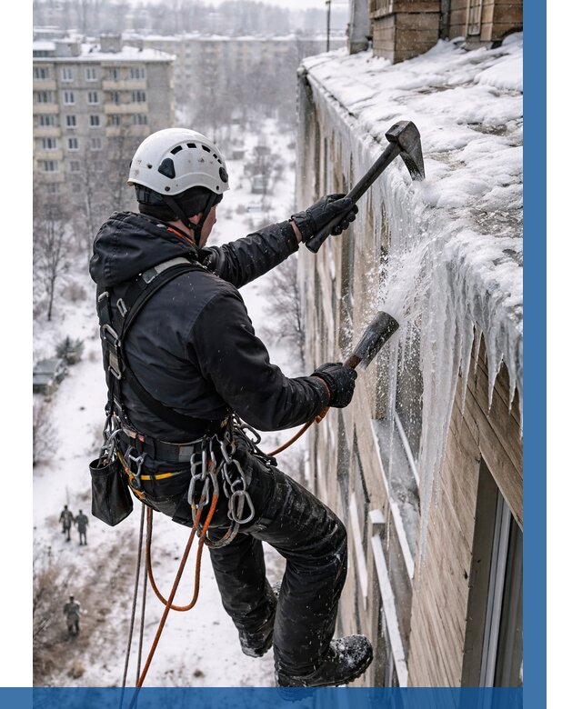 Сбивание сосулек с крыши в Рязани по цене от 4621 р. | ВЫСОТНИК-Рзн