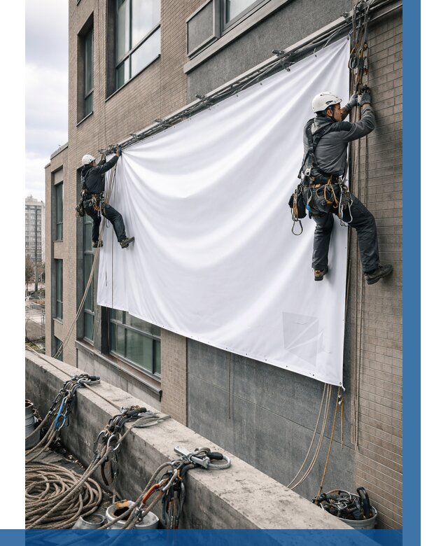 Монтаж баннеров на фасаде в Рязани от 667 р. заказать ВЫСОТНИК-Рзн