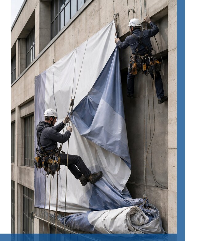 Демонтаж баннеров с фасада в Рязани от 4621 р. | ВЫСОТНИК-Рзн