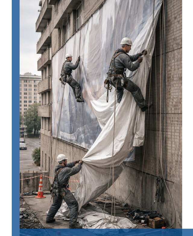 Демонтаж баннеров с фасада в Рязани оперативно и безопасно