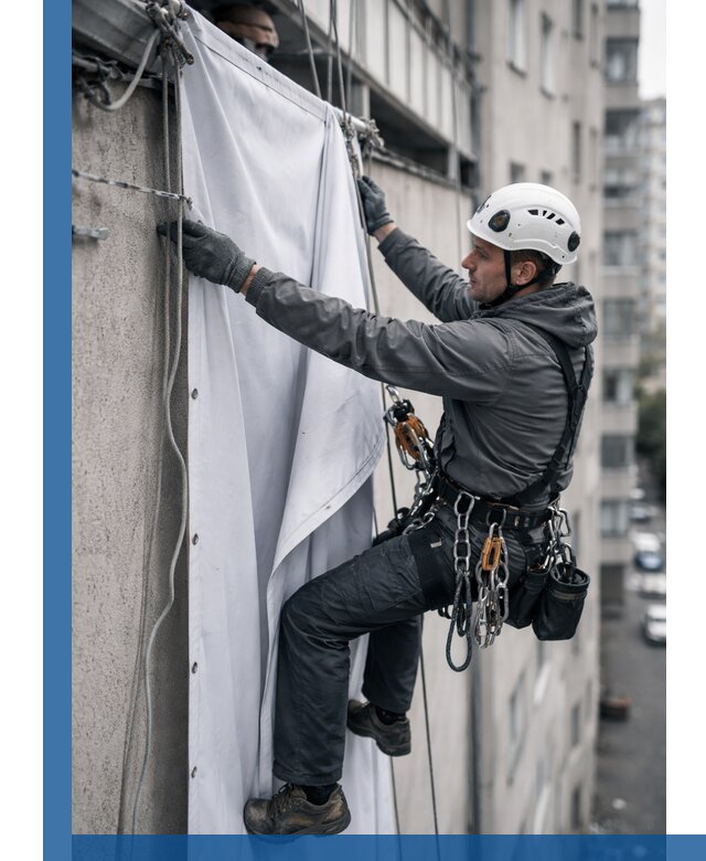 Замена баннерного полотна промышленными альпинистами в Рязани