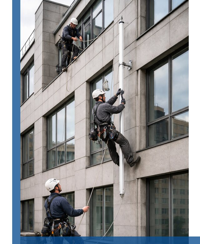 Монтаж флагштока на фасаде здания с креплением и герметикой в Рязани