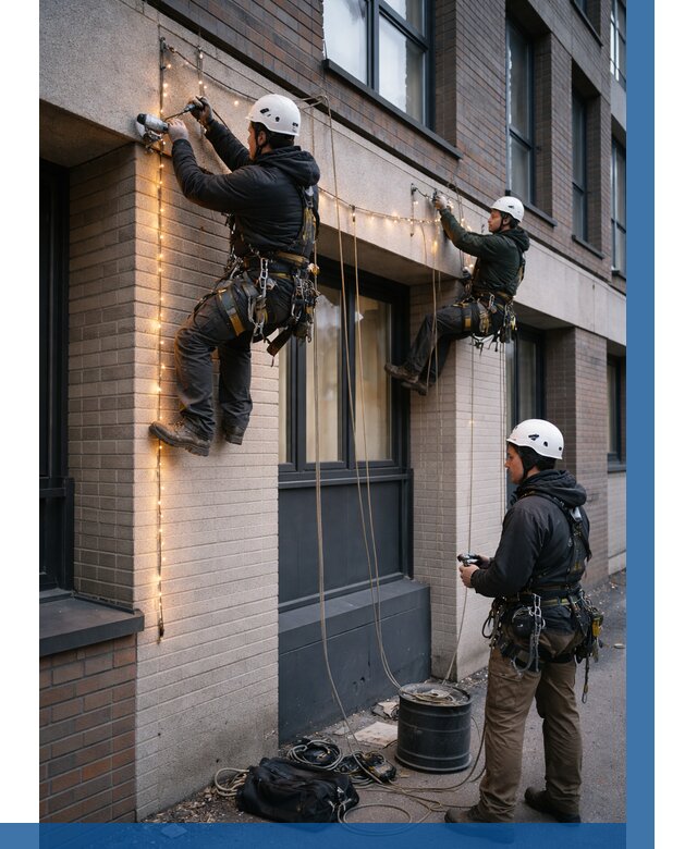 Монтаж гирлянд на фасаде в Рязани от 3594 р. | ВЫСОТНИК-Рзн