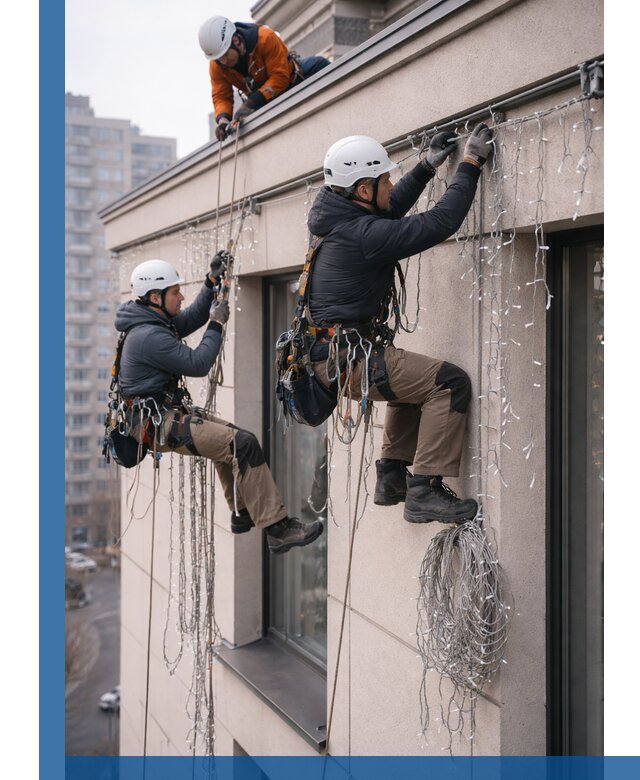 Монтаж праздничных гирлянд на фасаде в Рязани для зданий