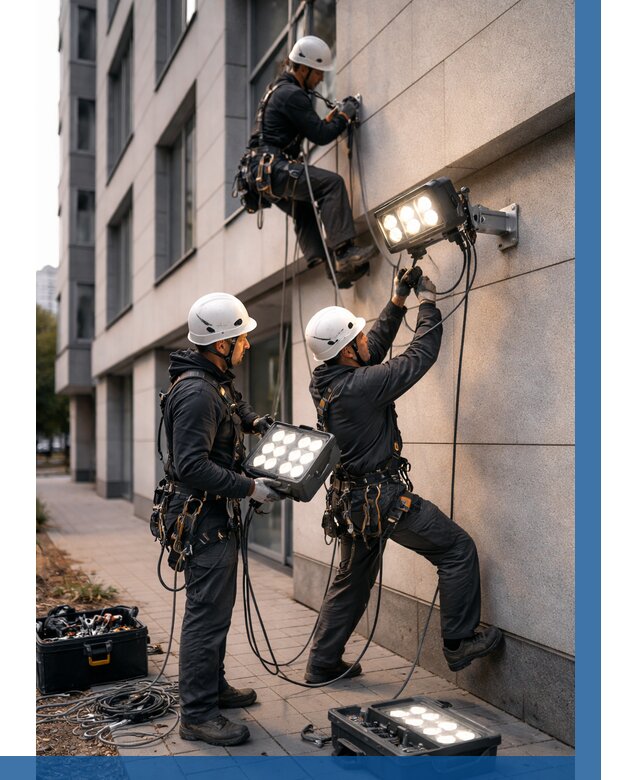 Монтаж прожекторов на фасаде в Рязани от 7701 р. | ВЫСОТНИК-Рзн