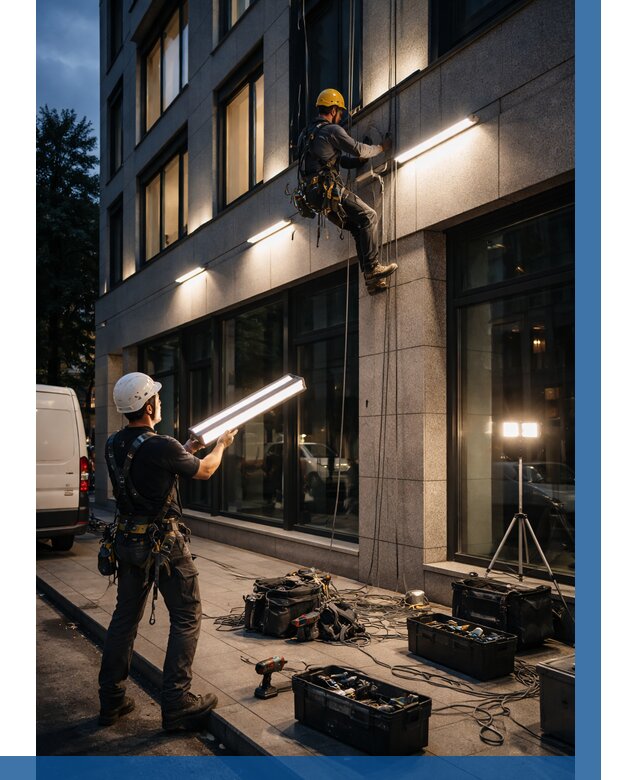 Монтаж архитектурной подсветки здания в Рязани от 2567 р.|ВЫСОТНИК-Рзн