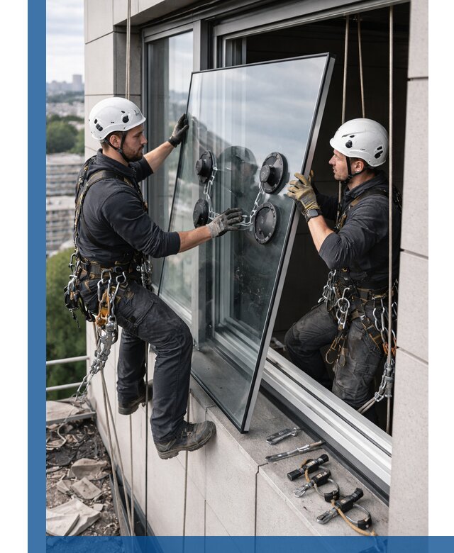 Замена стеклопакетов на высоте с промышленными альпинистами в Рязани