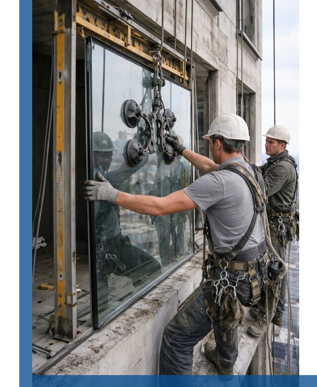 Монтаж стеклопакетов на высоте в Рязани с промышленным альпинизмом