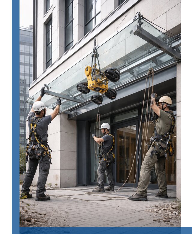 Монтаж стеклянных козырьков под ключ в Рязани для зданий