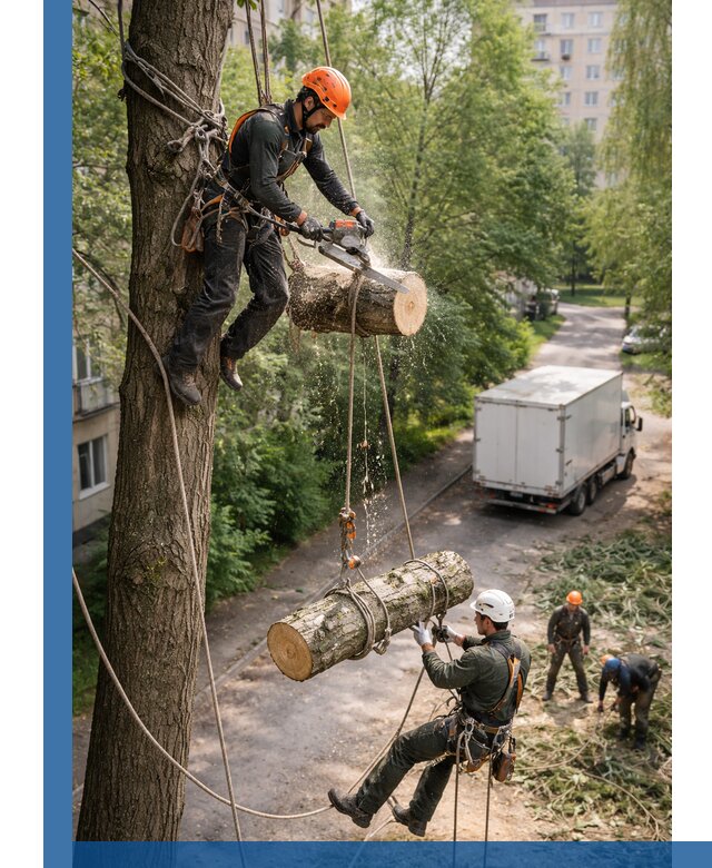 Спил деревьев альпинистами в Рязани, безопасно и без повреждений