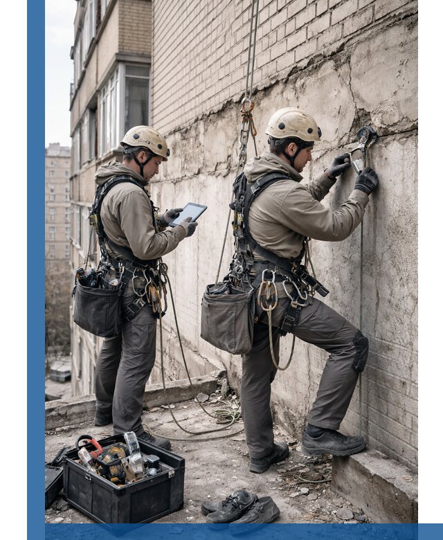 Обследование фасада промышленными альпинистами в Рязани